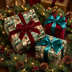 Vintage Santa Christmas gift wrap with velvet bows, nestled in pine branches by Wrapped Studios.