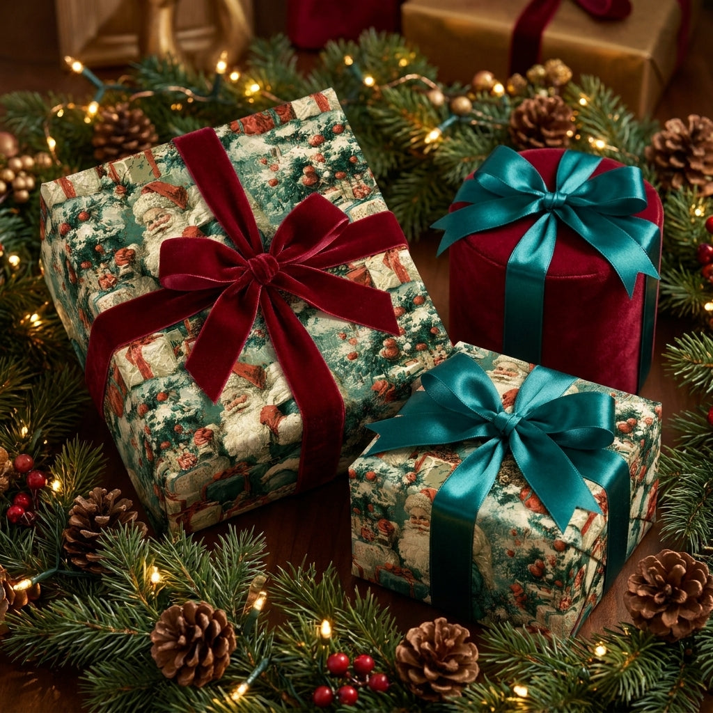 Vintage Santa Christmas gift wrap with velvet bows, nestled in pine branches by Wrapped Studios.