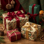 Vintage Santa Christmas wrapping paper on festive gifts with luxury ribbons by Wrapped Studios.