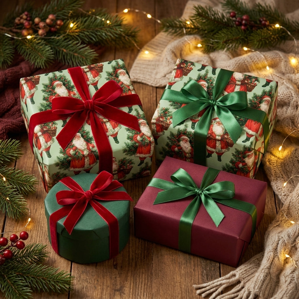 Vintage Santa Claus Christmas gift wrap on presents with luxury velvet ribbons by Wrapped Studios.