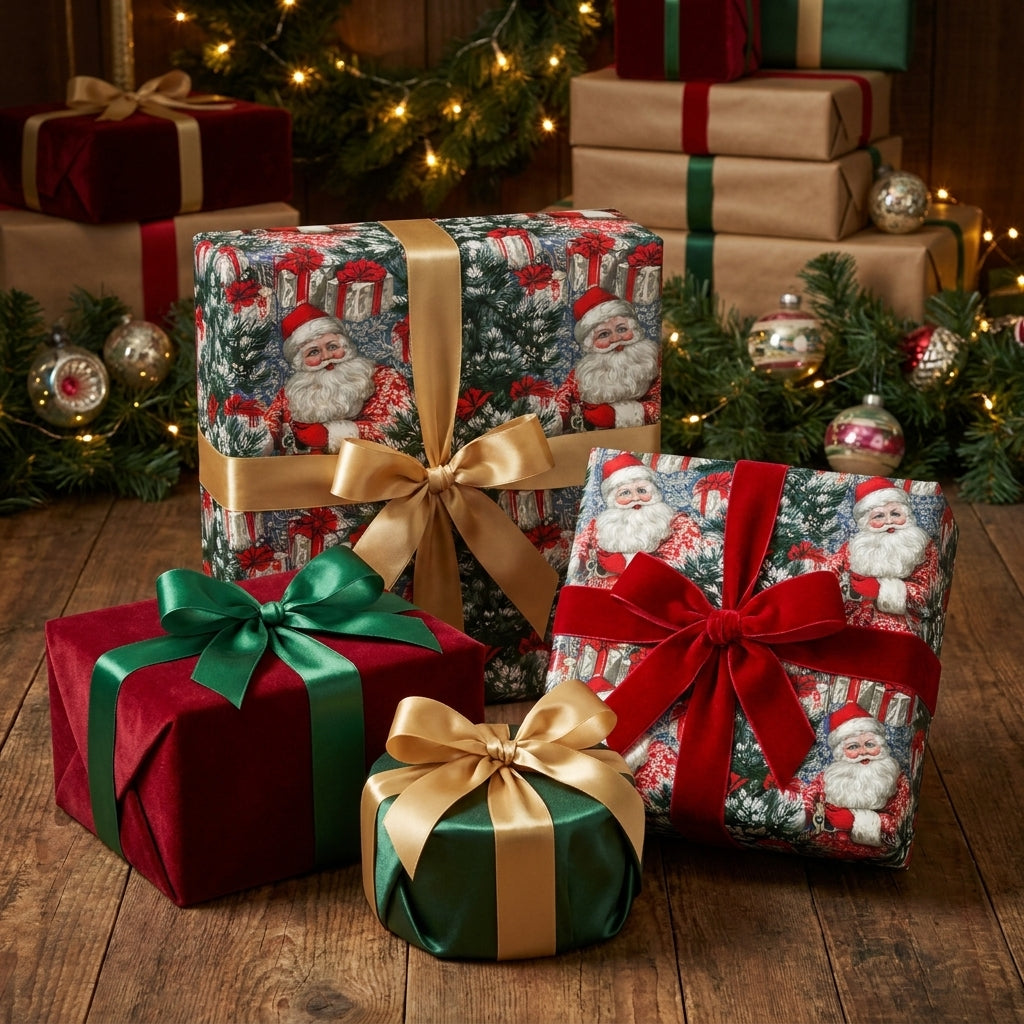 Vintage Santa Christmas wrapping paper on luxury gifts with velvet ribbons by Wrapped Studios.