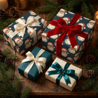 Vintage Santa Claus wrapping paper with red velvet ribbon, luxury Christmas gift wrap by Wrapped Studios.