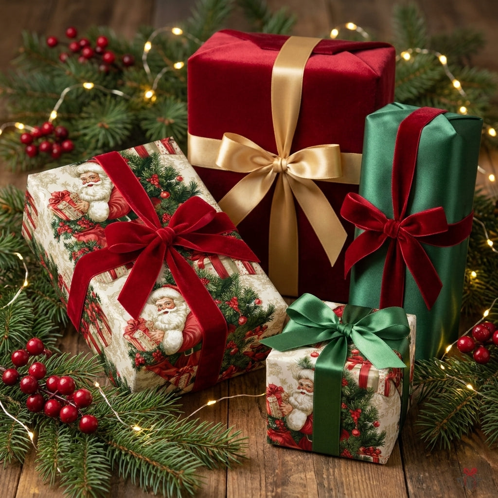 Luxury Christmas wrapping paper with vintage Santa design and elegant velvet ribbons by Wrapped Studios.