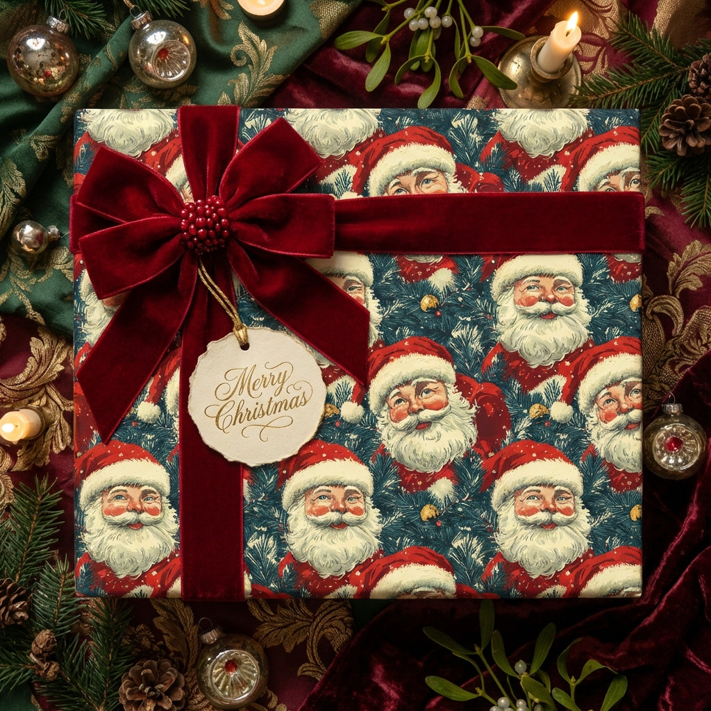 Vintage Santa Christmas gift wrap with red velvet ribbon and "Merry Christmas" tag.