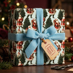 Vintage Santa Christmas wrapping paper with a blue velvet bow and gift tag, by Wrapped Studios.