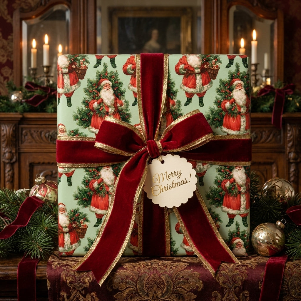 Vintage Santa Christmas wrapping paper on a luxury gift with a red velvet bow by Wrapped Studios.