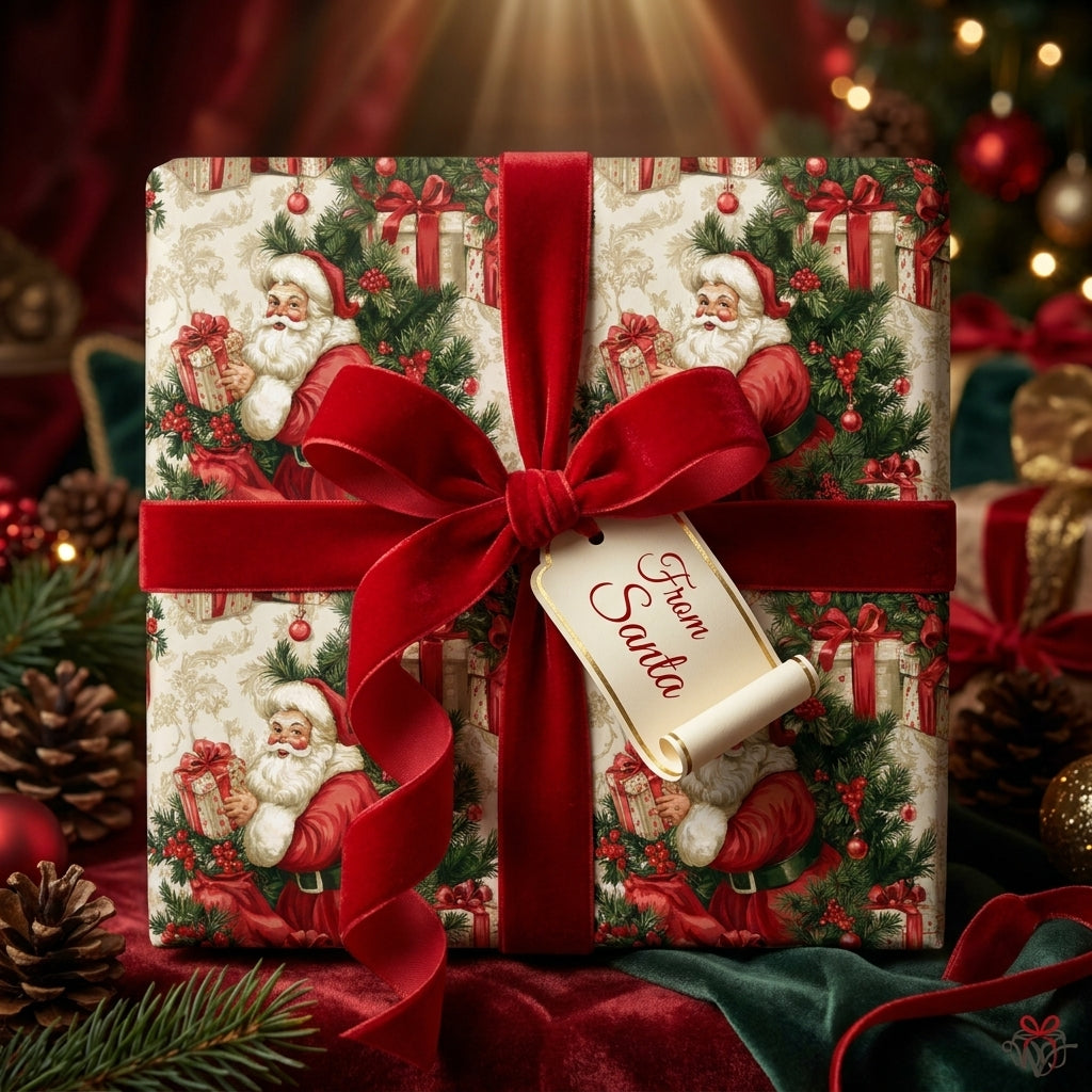 Vintage Santa Christmas wrapping paper with red velvet ribbon, luxury holiday gift wrap by Wrapped Studios.