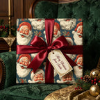 Vintage Santa Christmas wrapping paper with a satin burgundy ribbon and "Merry Christmas from Santa" gift tag.