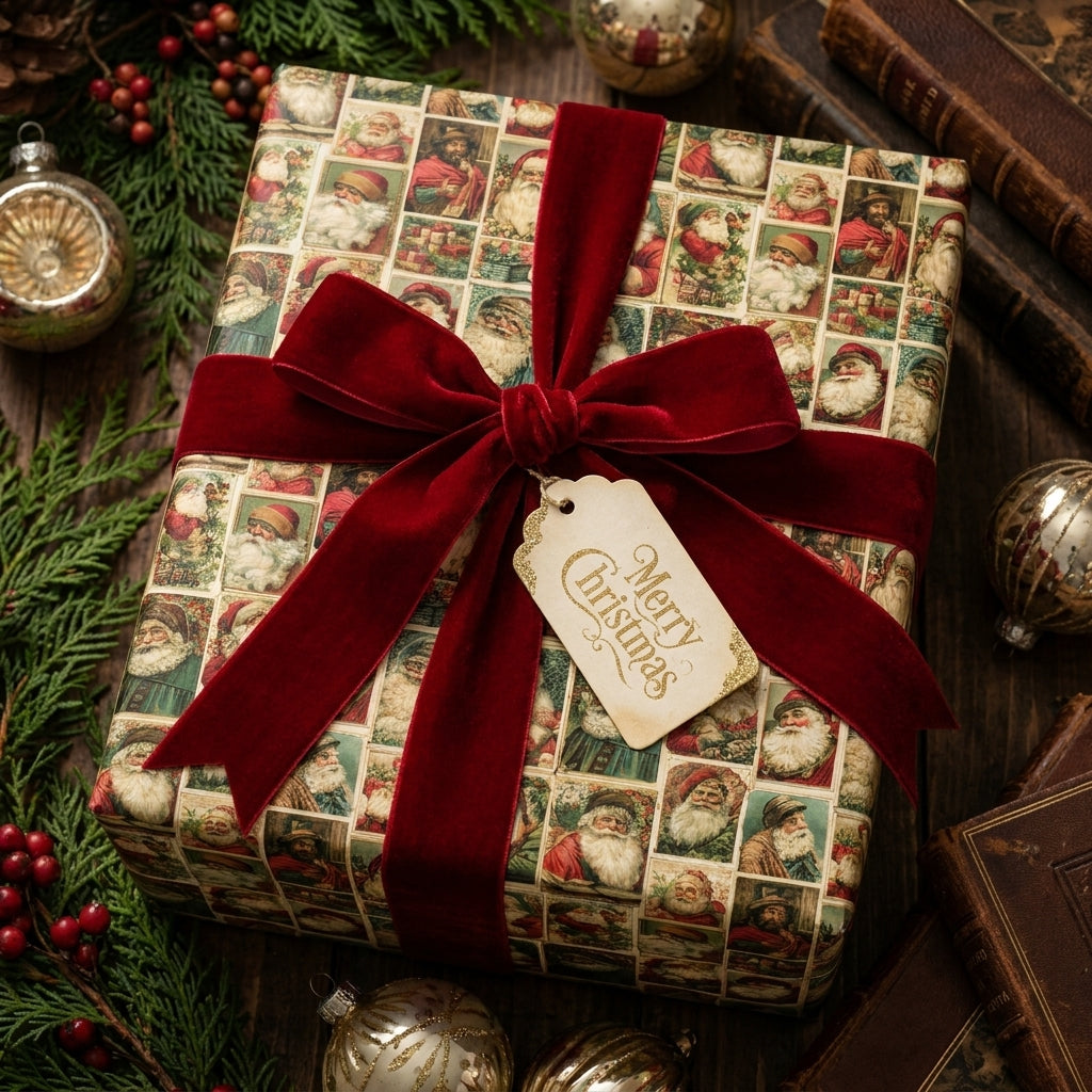 Vintage Santa Claus Christmas wrapping paper with a luxury red velvet bow by Wrapped Studios.