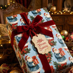 Vintage Christmas wrapping paper with blue Santa pattern and red velvet bow by Wrapped Studios.