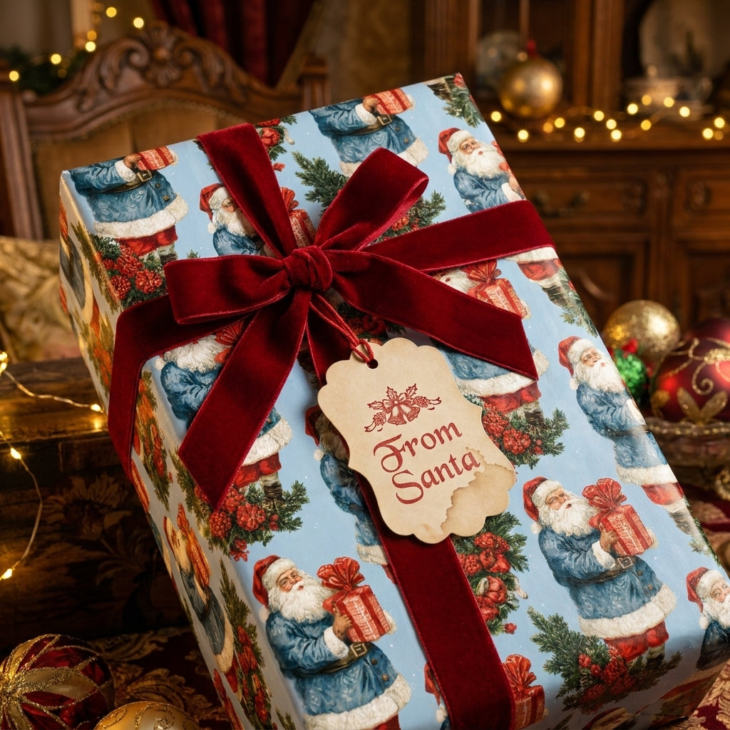 Vintage Christmas wrapping paper with blue Santa pattern and red velvet bow by Wrapped Studios.