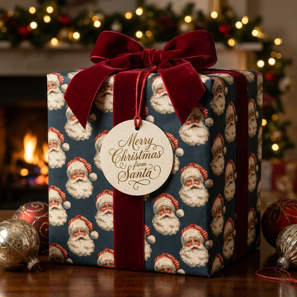 Vintage Santa Christmas wrapping paper in navy blue with a red velvet bow by Wrapped Studios.