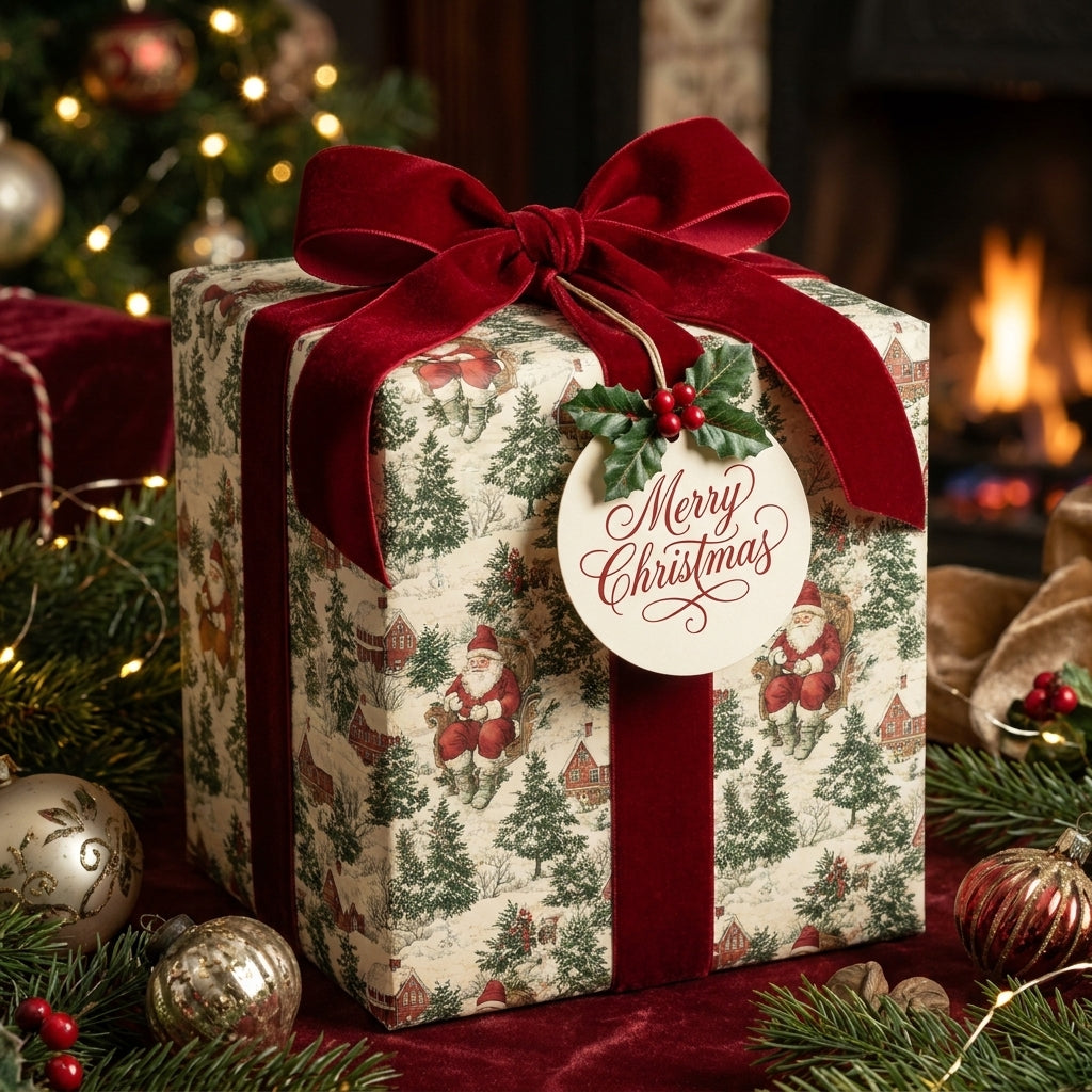 Vintage Santa Christmas wrapping paper with a luxury red velvet bow by Wrapped Studios.