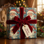 Luxury teal vintage Santa Claus Christmas wrapping paper with a red velvet bow by Wrapped Studios.
