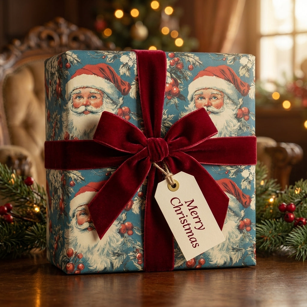 Luxury teal vintage Santa Claus Christmas wrapping paper with a red velvet bow by Wrapped Studios.