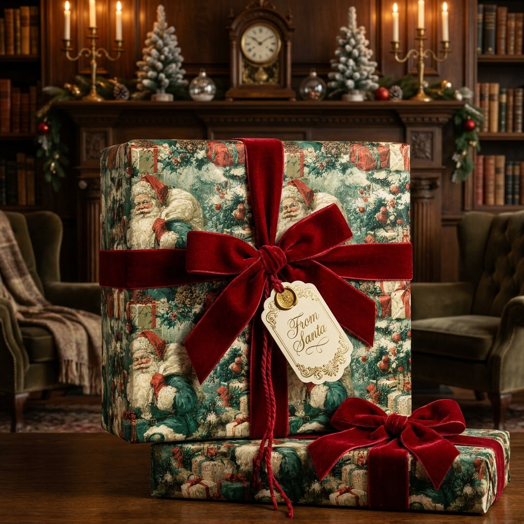 Vintage Santa Claus Christmas gift wrap by Wrapped Studios featuring deep red velvet ribbon in a cozy library setting.