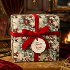 Vintage Santa Christmas wrapping paper with red velvet bow and 'From Santa' tag by Wrapped Studios.