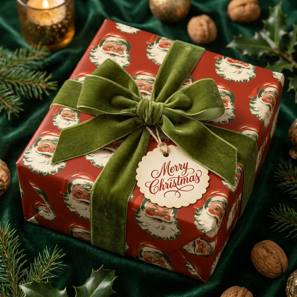 Vintage Santa Christmas wrapping paper with a green velvet bow on a holiday gift by Wrapped Studios.