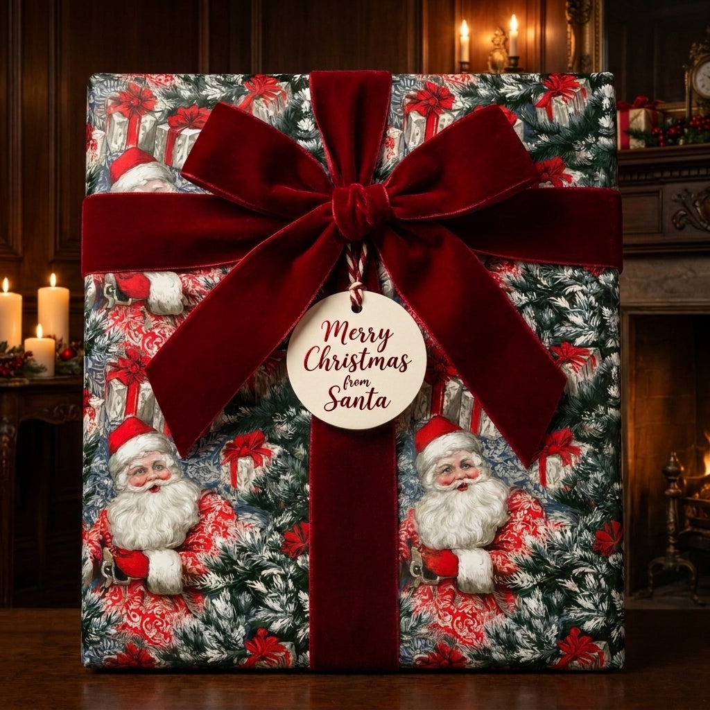 Vintage Santa Christmas wrapping paper with a luxury red velvet bow by Wrapped Studios.
