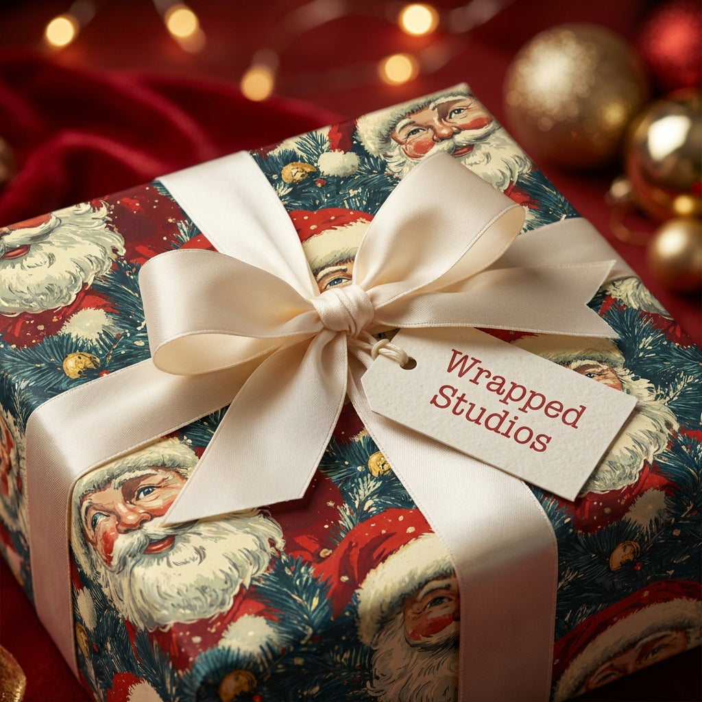 Wrapped Studios Christmas gift wrap: Santa Claus pattern, cream ribbon, festive holiday scene.
