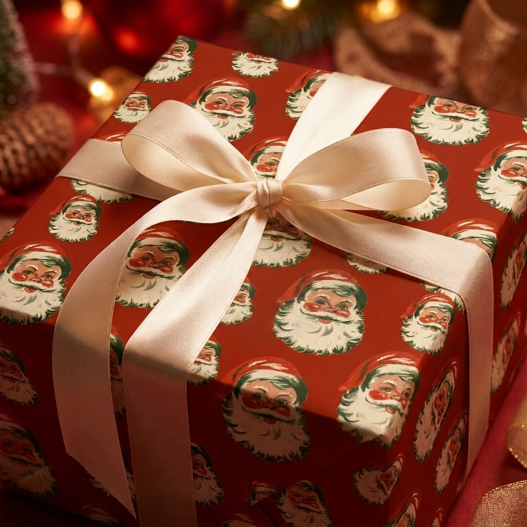 Vintage Santa Christmas wrapping paper by Wrapped Studios on a gift box with a cream satin bow.