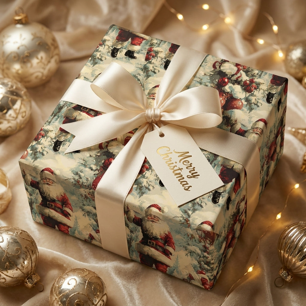 Vintage Santa Claus Christmas wrapping paper with a luxury cream bow by Wrapped Studios.