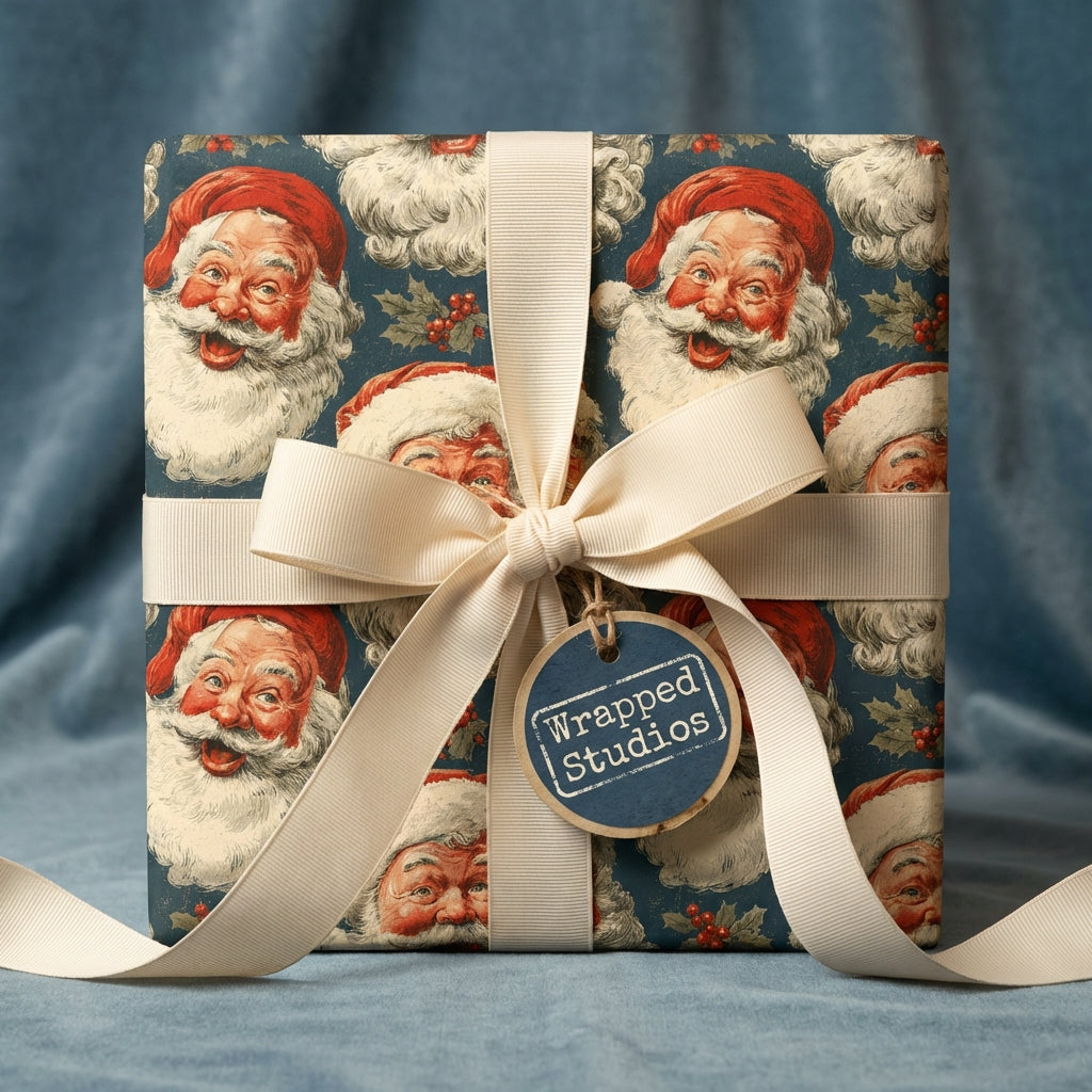 Wrapped Studios Christmas gift wrap with vintage Santa pattern and ivory ribbon.