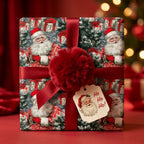 Vintage Santa Christmas wrapping paper with a red ribbon and plush pom-pom by Wrapped Studios.