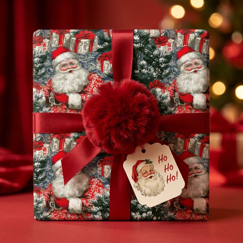 Vintage Santa Christmas wrapping paper with a red ribbon and plush pom-pom by Wrapped Studios.