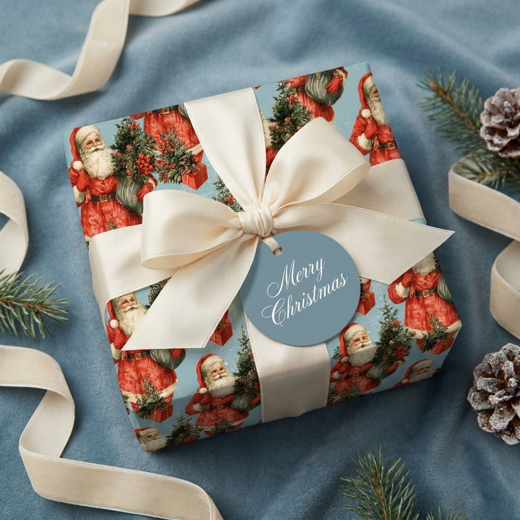 Blue vintage Santa Christmas wrapping paper with a cream bow on a holiday gift by Wrapped Studios.
