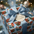 Vintage blue Santa Claus Christmas wrapping paper with a luxury satin bow by Wrapped Studios.