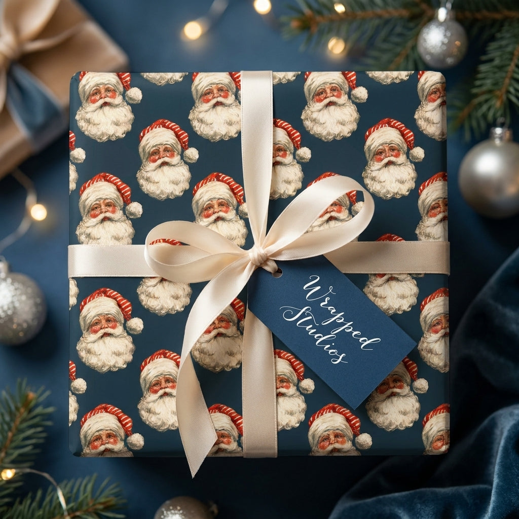 Vintage Santa Claus Christmas wrapping paper with cream ribbon and a gift tag from Wrapped Studios.