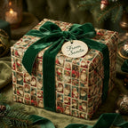 Vintage Christmas wrapping paper featuring Santa portraits, tied with a green velvet ribbon by Wrapped Studios.
