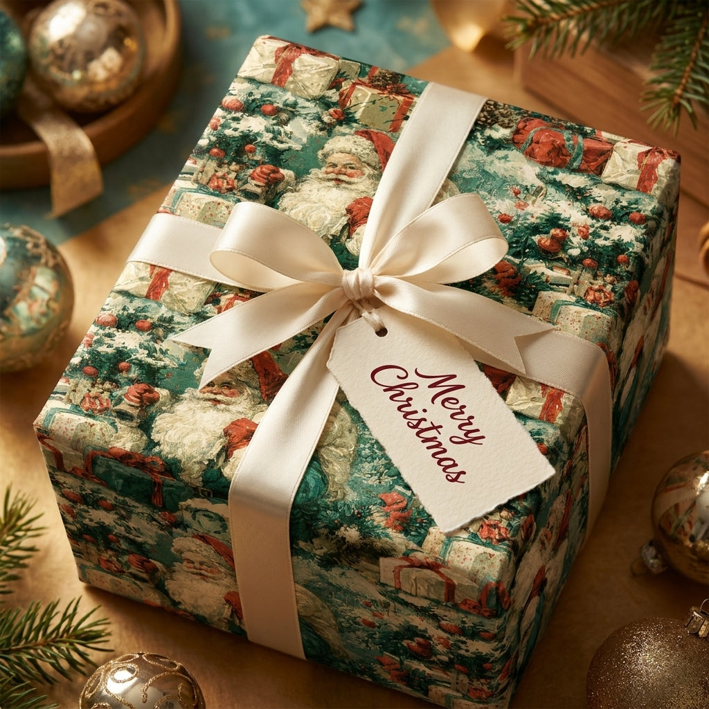 Wrapped Studios luxury vintage Christmas gift wrap featuring a Santa pattern, tied with a cream silk ribbon and tag.