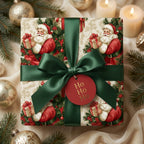 Vintage Santa Christmas wrapping paper with a green satin ribbon bow and gift tag by Wrapped Studios.
