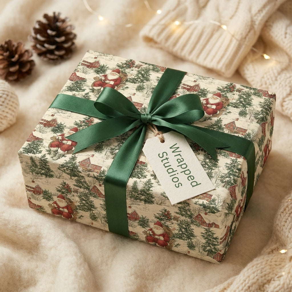 Vintage Santa Claus Christmas wrapping paper with a green satin bow and gift tag by Wrapped Studios.