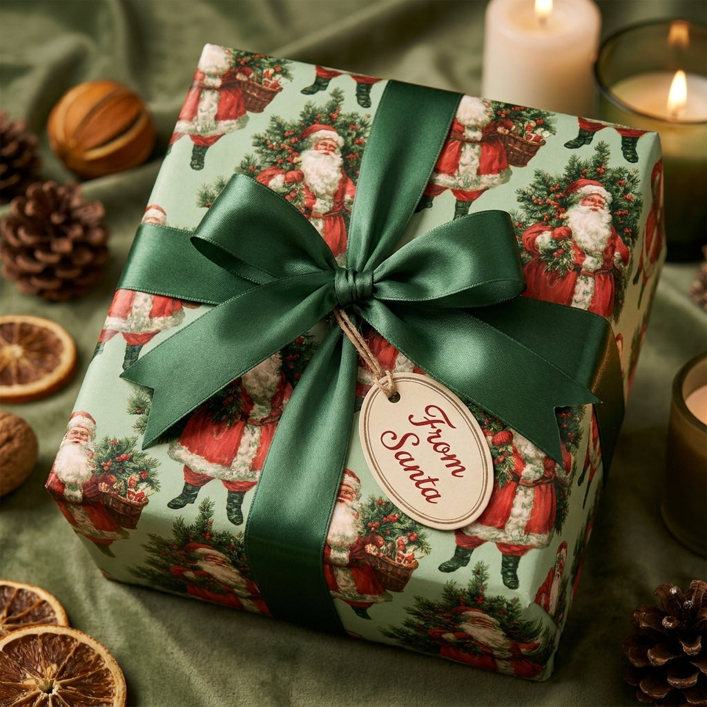 Vintage Santa Christmas wrapping paper with a green satin ribbon and From Santa tag by Wrapped Studios.
