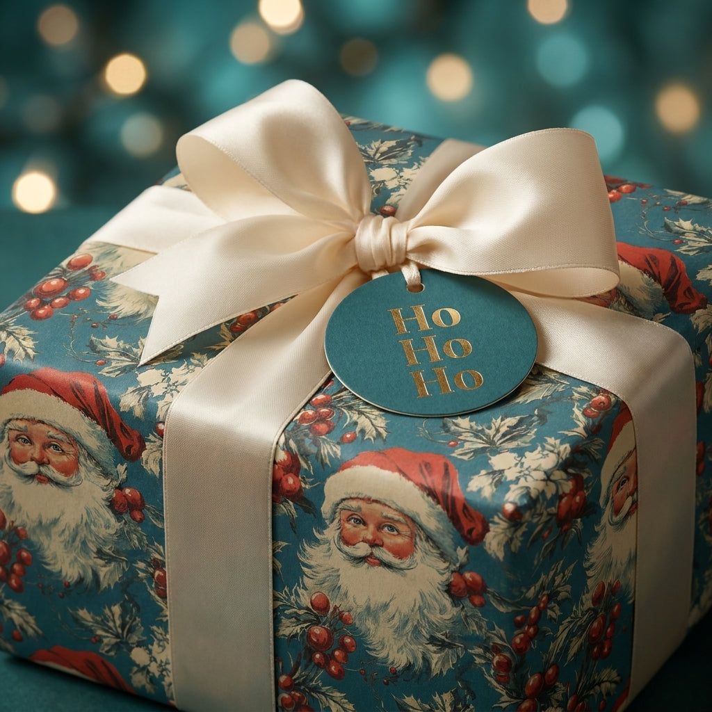 Vintage Santa Christmas wrapping paper with cream satin ribbon and gold Ho Ho Ho tag by Wrapped Studios.