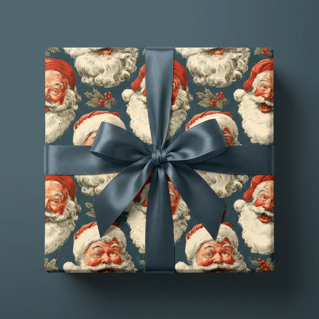 Vintage Santa face Christmas gift wrap with navy ribbon, by Wrapped Studios.