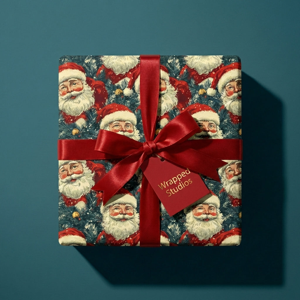 Square Christmas gift wrapped in Santa Claus pattern paper with a red satin bow from Wrapped Studios.