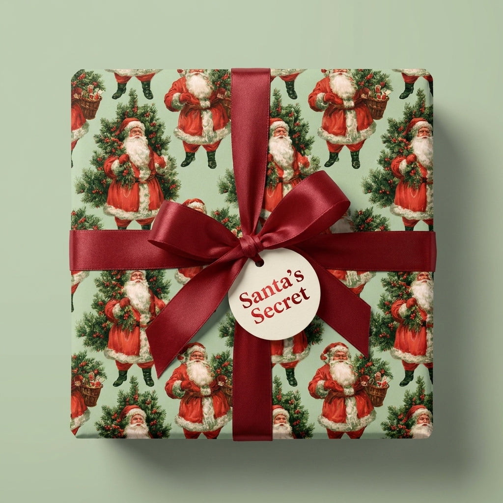 Vintage Christmas wrapping paper with sage green Santa pattern and red ribbon bow by Wrapped Studios.