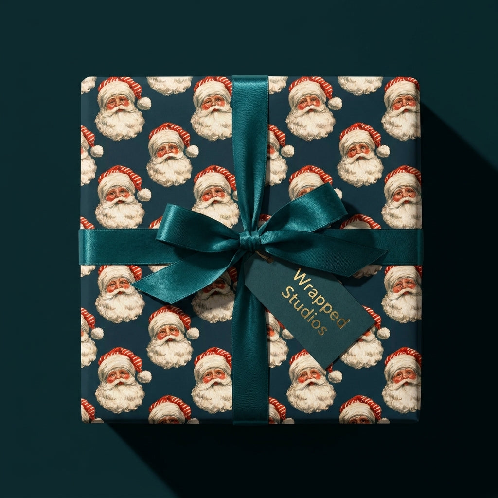 Vintage Santa Claus Christmas wrapping paper with a teal satin bow and tag by Wrapped Studios.