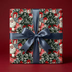 Vintage Santa Claus Christmas wrapping paper on a gift box with blue ribbon by Wrapped Studios.