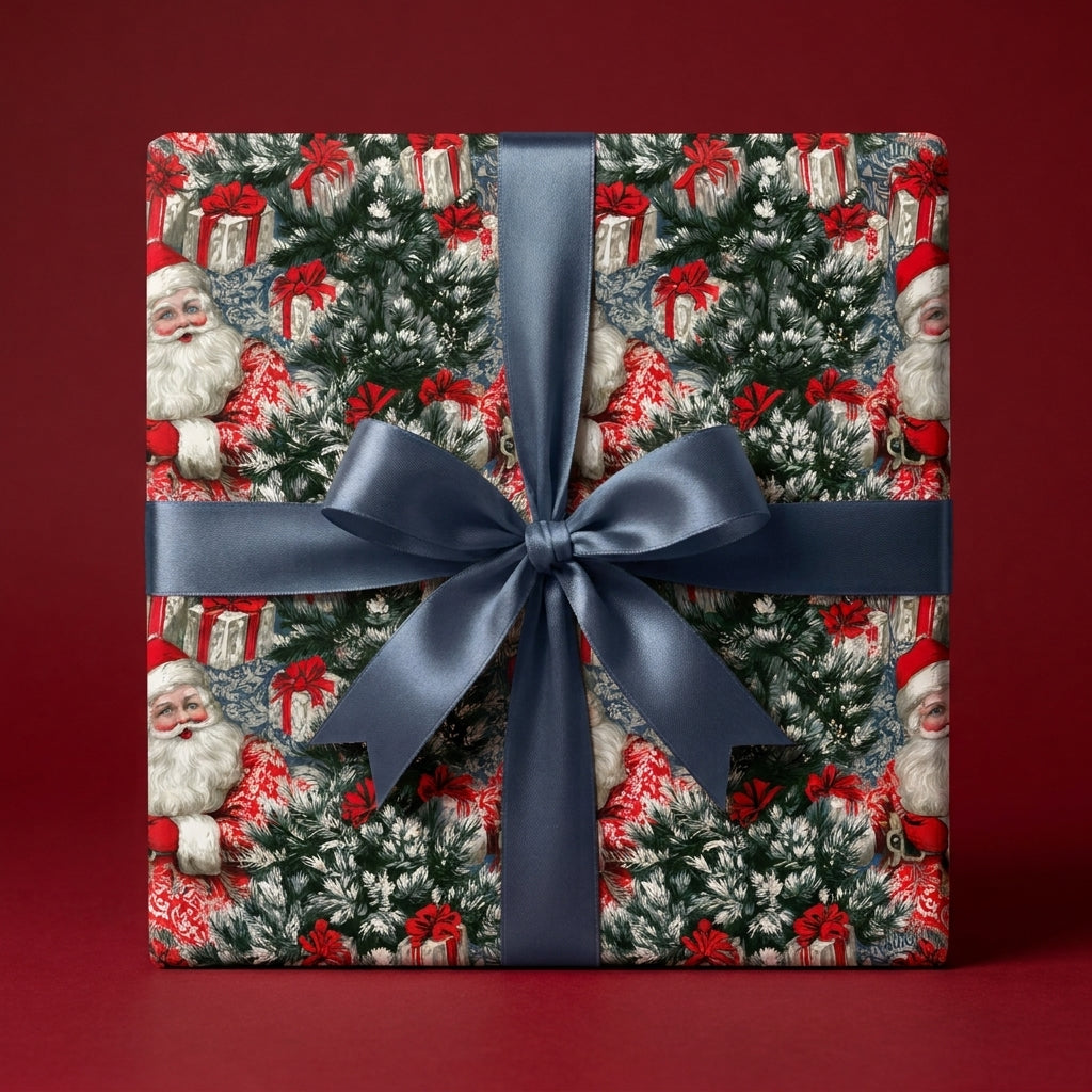 Vintage Santa Claus Christmas wrapping paper on a gift box with blue ribbon by Wrapped Studios.