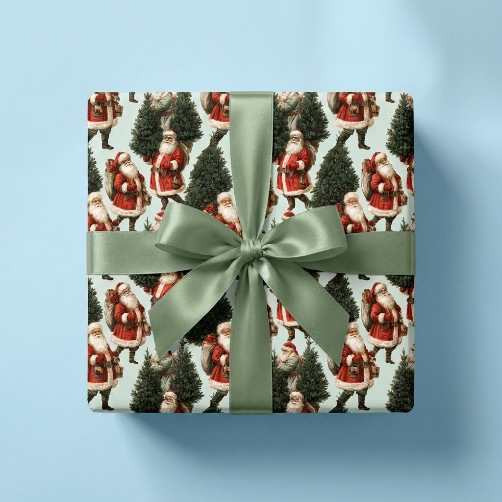 Vintage Santa Claus Christmas wrapping paper with a sage green ribbon bow by Wrapped Studios.