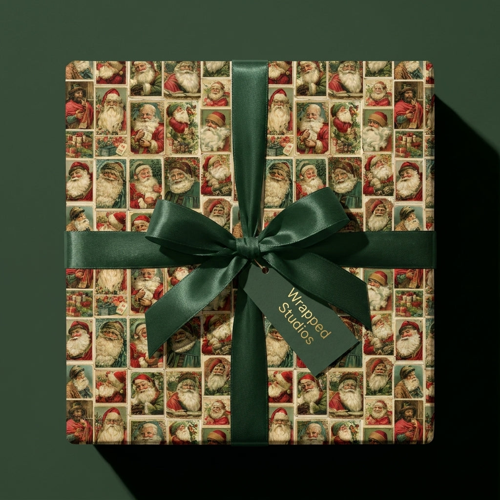 Vintage Santa Claus Christmas wrapping paper with a green satin bow by Wrapped Studios.