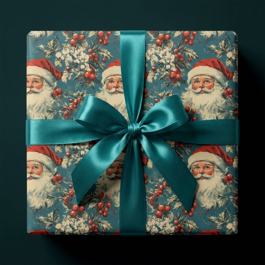 Vintage Santa wrapping paper with a teal satin bow on a luxury Christmas gift box by Wrapped Studios.