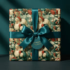 Vintage-style Christmas gift wrap featuring Santa Claus, tied with a luxurious teal satin ribbon by Wrapped Studios.