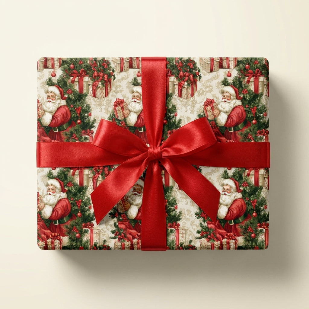 Vintage Santa Claus Christmas wrapping paper with a luxury red satin bow, by Wrapped Studios.