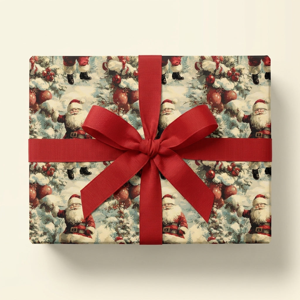 Vintage Santa Christmas wrapping paper with a red ribbon bow on a gift box by Wrapped Studios.